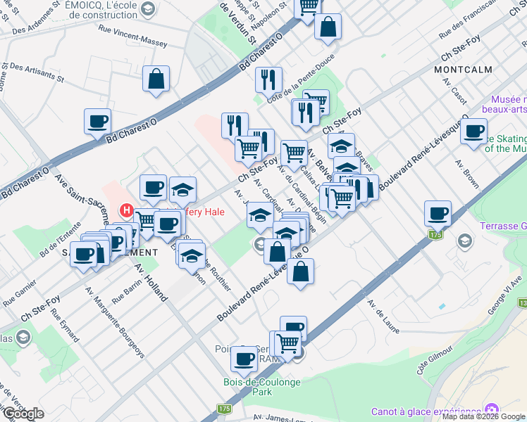map of restaurants, bars, coffee shops, grocery stores, and more near 1103 Rue Raymond Casgrain in Québec