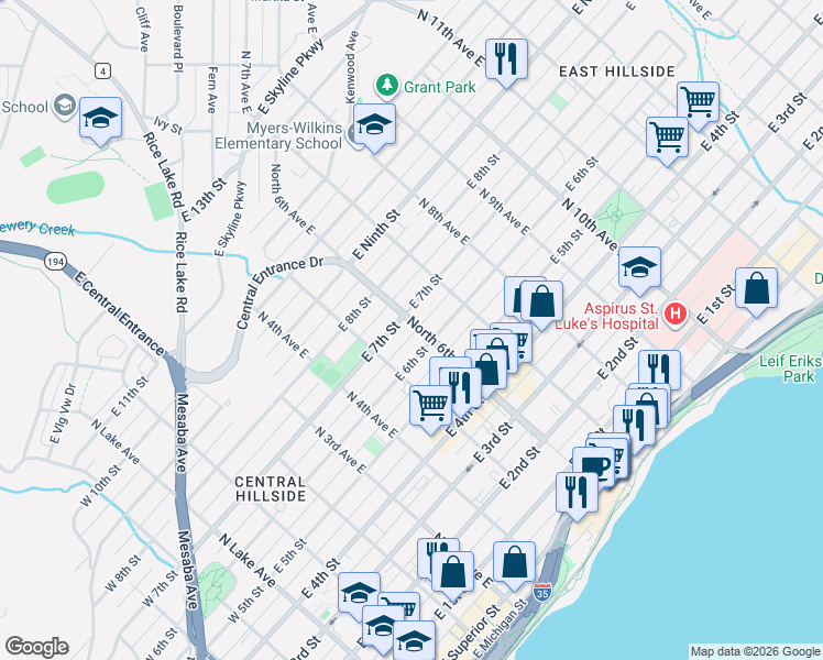 map of restaurants, bars, coffee shops, grocery stores, and more near 526 East 7th Street in Duluth