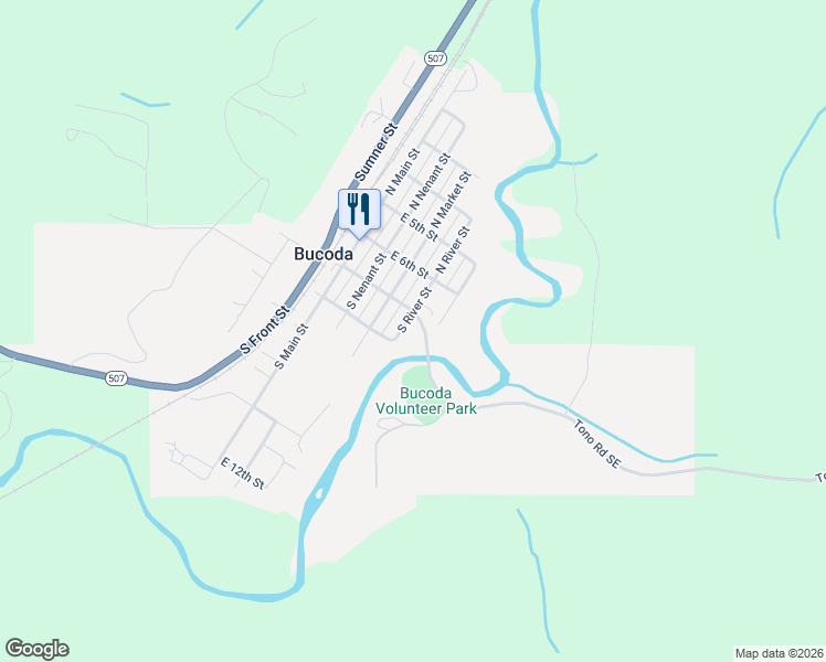 map of restaurants, bars, coffee shops, grocery stores, and more near 206 North River Street in Bucoda