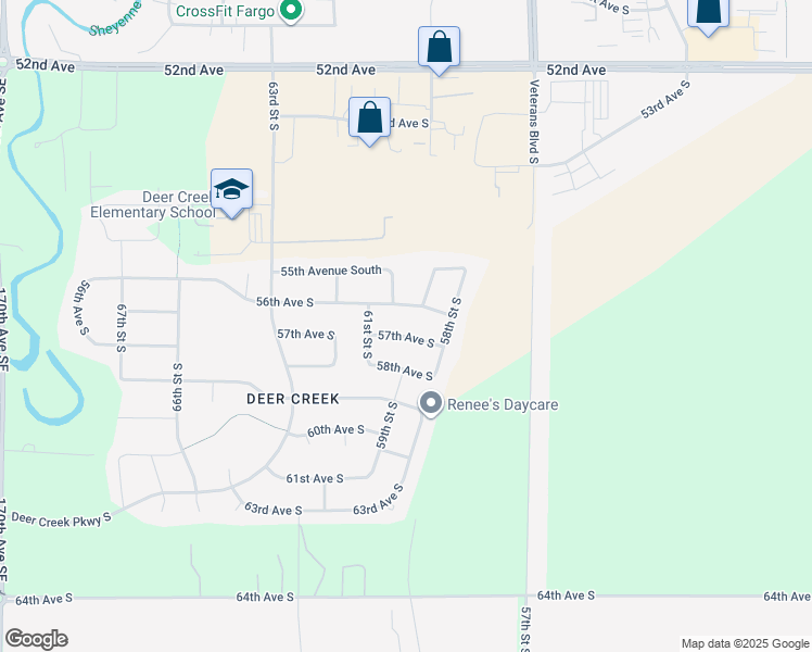 map of restaurants, bars, coffee shops, grocery stores, and more near 5923 57th Avenue South in Fargo