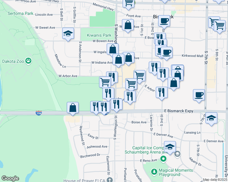 map of restaurants, bars, coffee shops, grocery stores, and more near 840 South Washington Street in Bismarck
