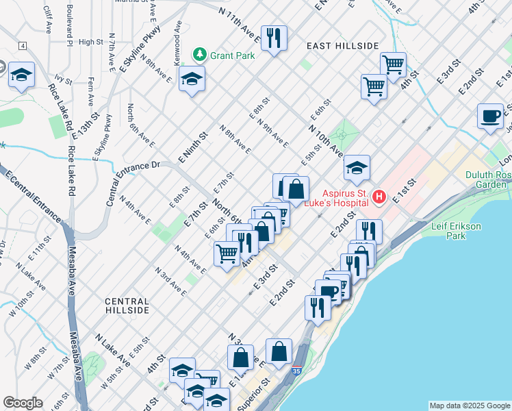 map of restaurants, bars, coffee shops, grocery stores, and more near 627 East 5th Street in Duluth