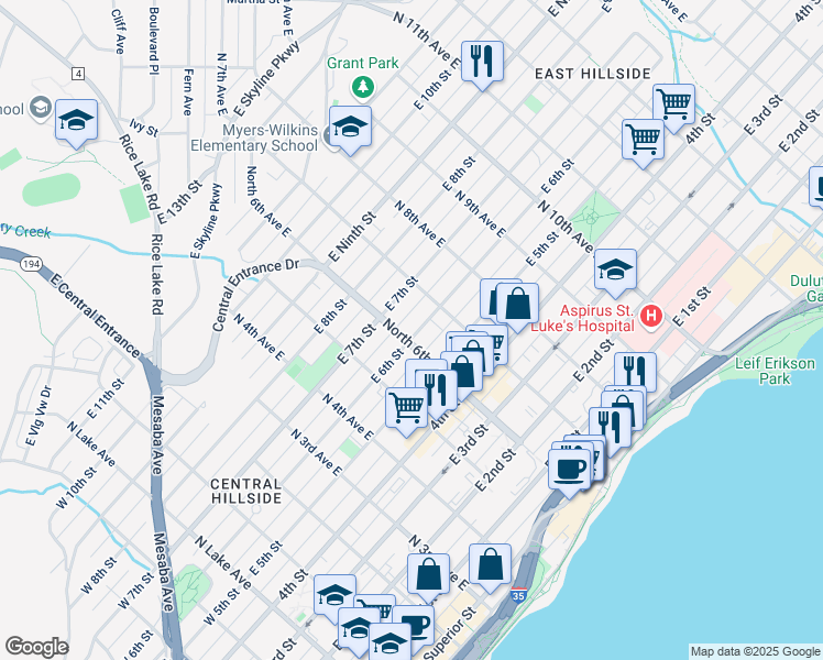 map of restaurants, bars, coffee shops, grocery stores, and more near 605A East 6th Street in Duluth