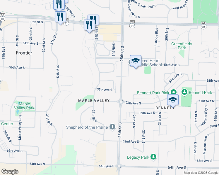map of restaurants, bars, coffee shops, grocery stores, and more near 2579 57th Avenue South in Fargo