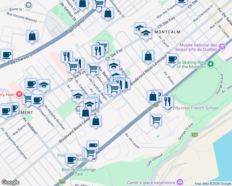 map of restaurants, bars, coffee shops, grocery stores, and more near 900 Boulevard René-Lévesque Ouest in Québec