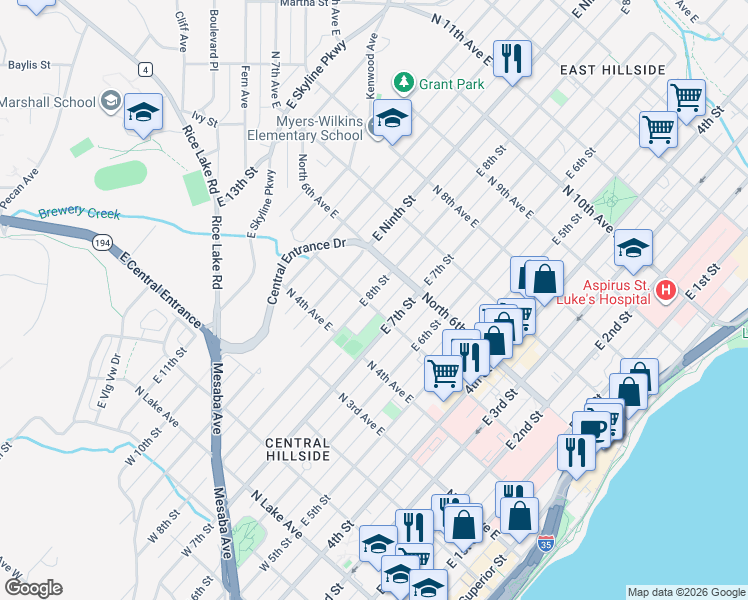map of restaurants, bars, coffee shops, grocery stores, and more near 722 North 5th Avenue East in Duluth