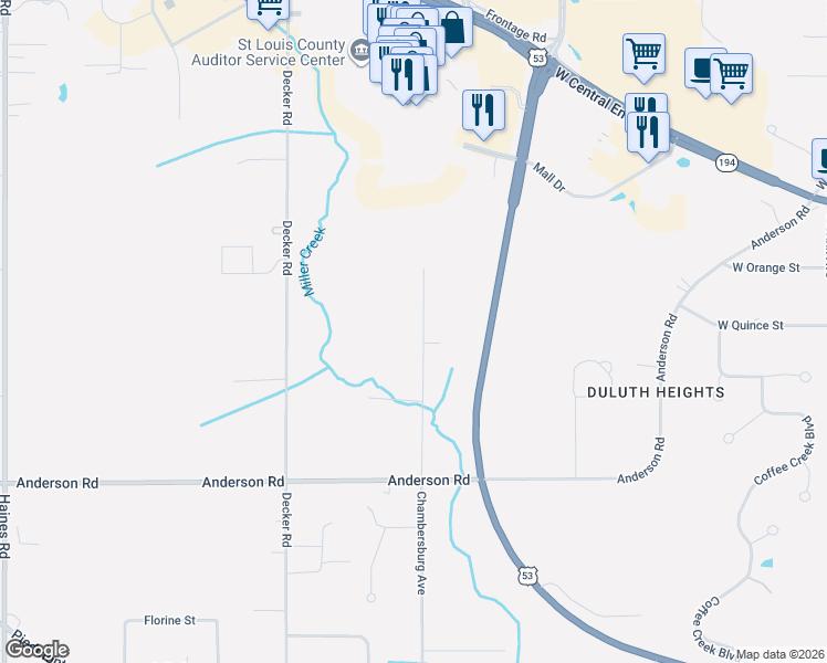 map of restaurants, bars, coffee shops, grocery stores, and more near 4110 Chambersburg Avenue in Duluth