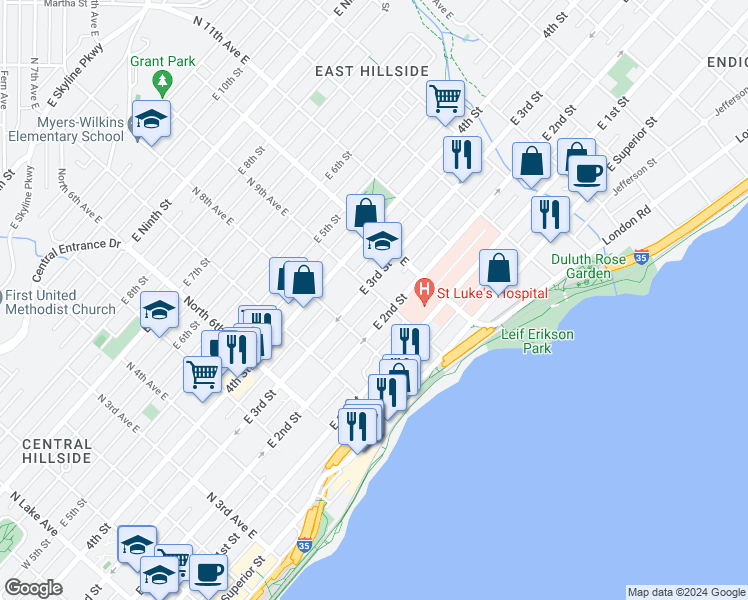 map of restaurants, bars, coffee shops, grocery stores, and more near 221 North 9th Avenue East in Duluth