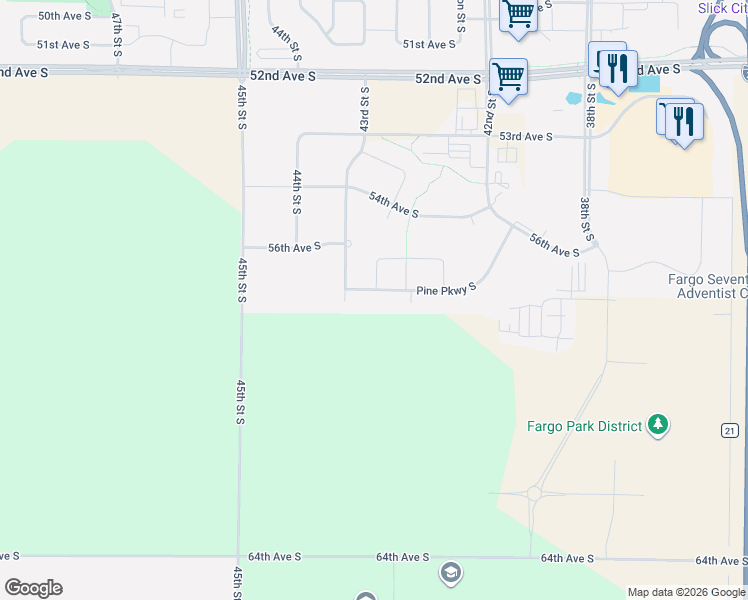 map of restaurants, bars, coffee shops, grocery stores, and more near 5776 45th Street South in Fargo