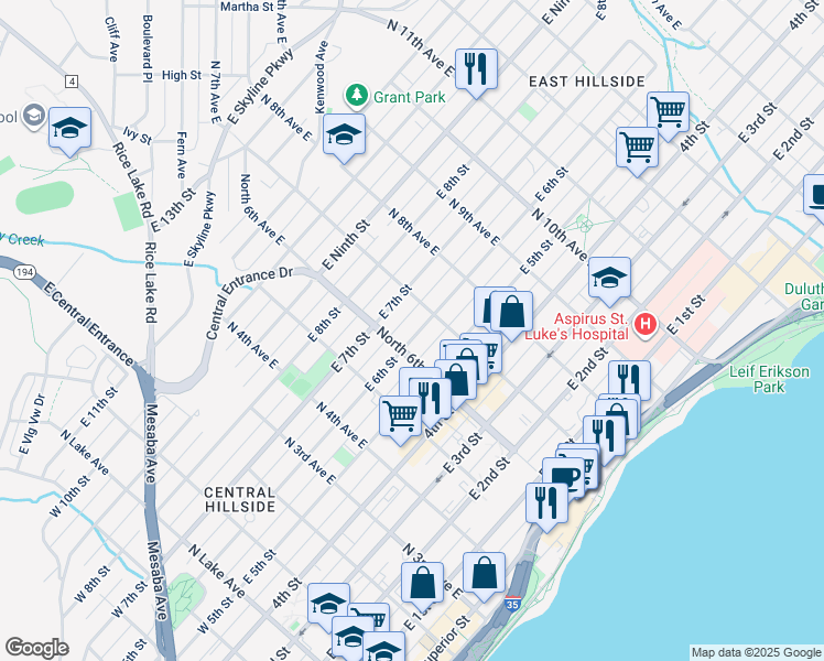map of restaurants, bars, coffee shops, grocery stores, and more near 605A East 6th Street in Duluth