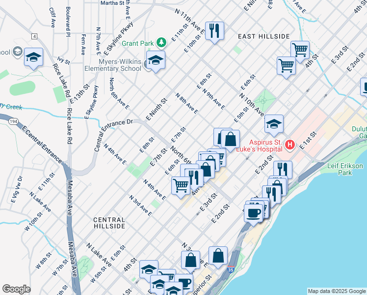 map of restaurants, bars, coffee shops, grocery stores, and more near 605A East 6th Street in Duluth