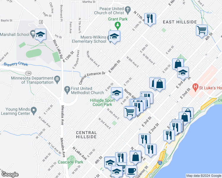 map of restaurants, bars, coffee shops, grocery stores, and more near 722 North 5th Avenue East in Duluth