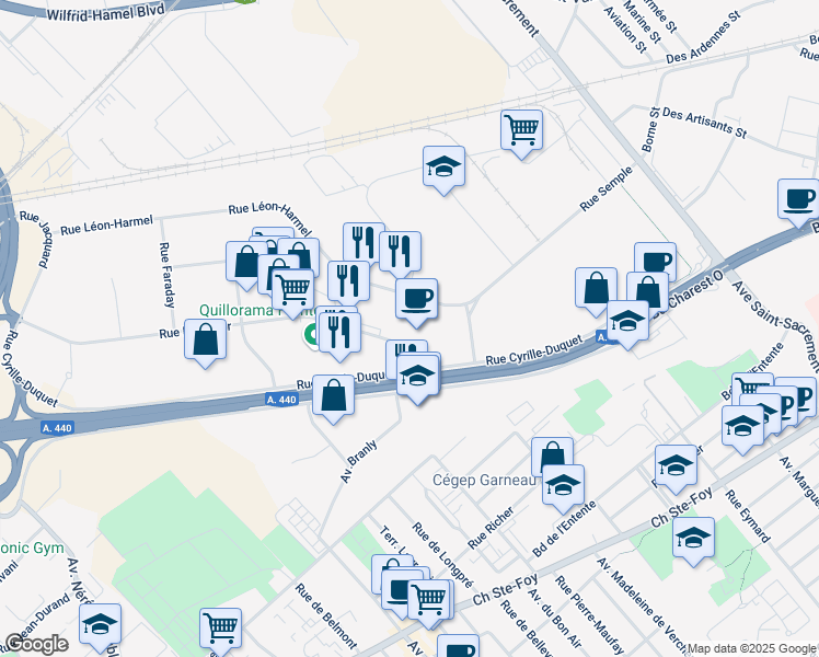 map of restaurants, bars, coffee shops, grocery stores, and more near 1990 Rue Cyrille-Duquet in Ville de Québec