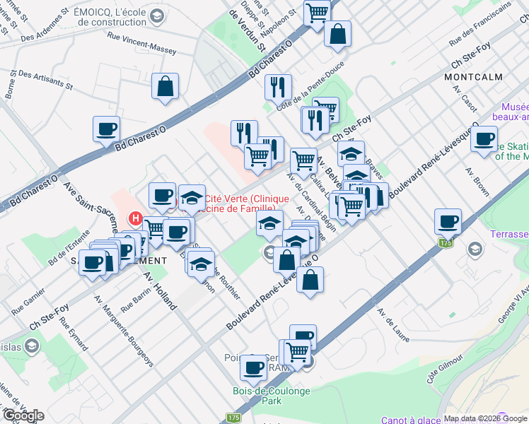 map of restaurants, bars, coffee shops, grocery stores, and more near 815 Avenue Joffre in Québec