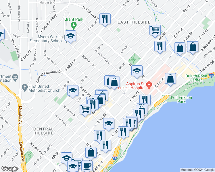 map of restaurants, bars, coffee shops, grocery stores, and more near 711 East 4th Street in Duluth