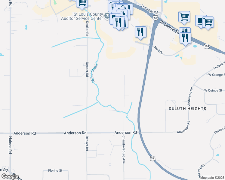 map of restaurants, bars, coffee shops, grocery stores, and more near 4115 Chambersburg Avenue in Duluth