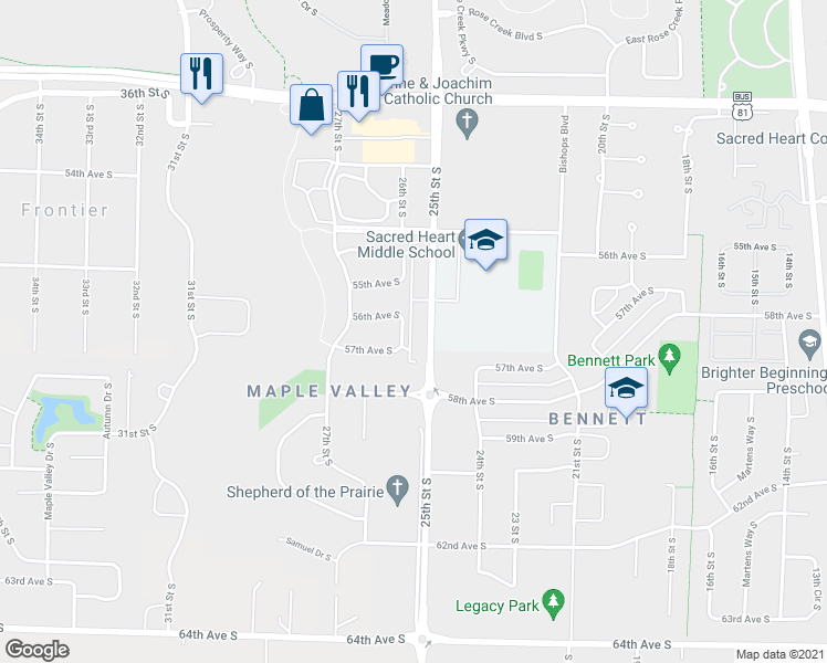 map of restaurants, bars, coffee shops, grocery stores, and more near 2461 58th Avenue South in Fargo