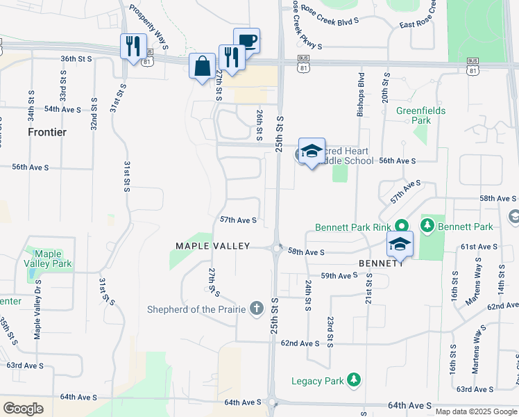 map of restaurants, bars, coffee shops, grocery stores, and more near 2579 57th Avenue South in Fargo