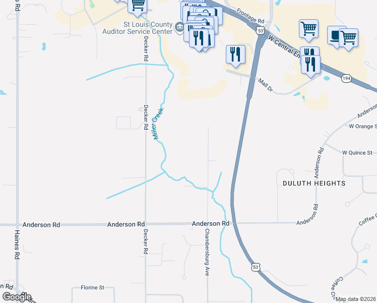 map of restaurants, bars, coffee shops, grocery stores, and more near 4115 Chambersburg Avenue in Duluth