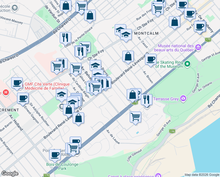 map of restaurants, bars, coffee shops, grocery stores, and more near 835 Boulevard René-Lévesque Ouest in Québec