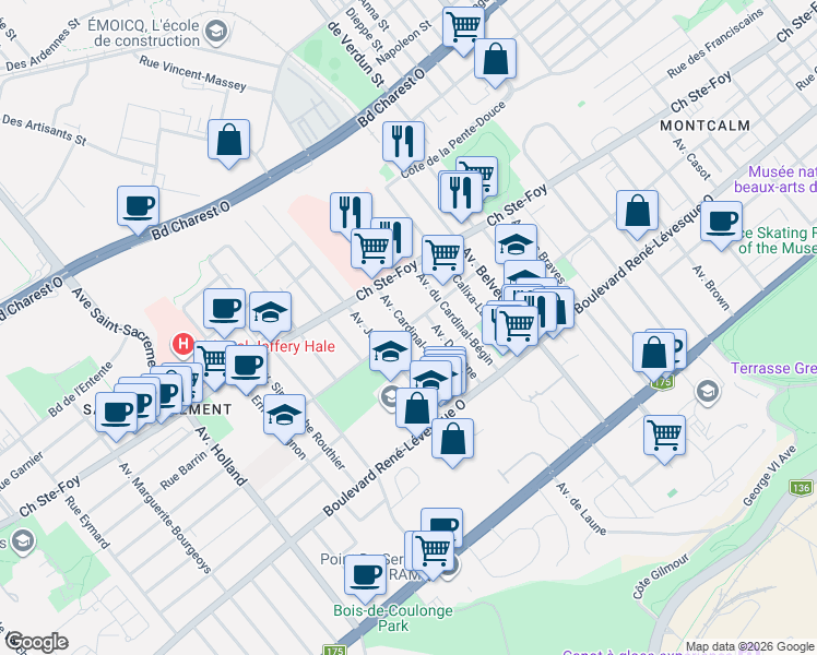 map of restaurants, bars, coffee shops, grocery stores, and more near 1075 Rue Raymond Casgrain in Québec