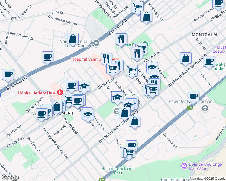 map of restaurants, bars, coffee shops, grocery stores, and more near 815 Avenue Joffre in Québec