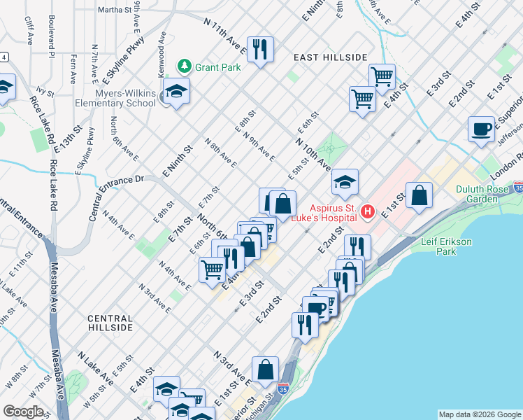 map of restaurants, bars, coffee shops, grocery stores, and more near 721 East 5th Street in Duluth