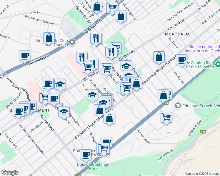 map of restaurants, bars, coffee shops, grocery stores, and more near 890 Avenue du Cardinal Bégin in Ville de Québec