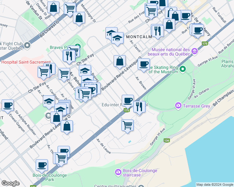 map of restaurants, bars, coffee shops, grocery stores, and more near 1089 Avenue des Laurentides in Québec