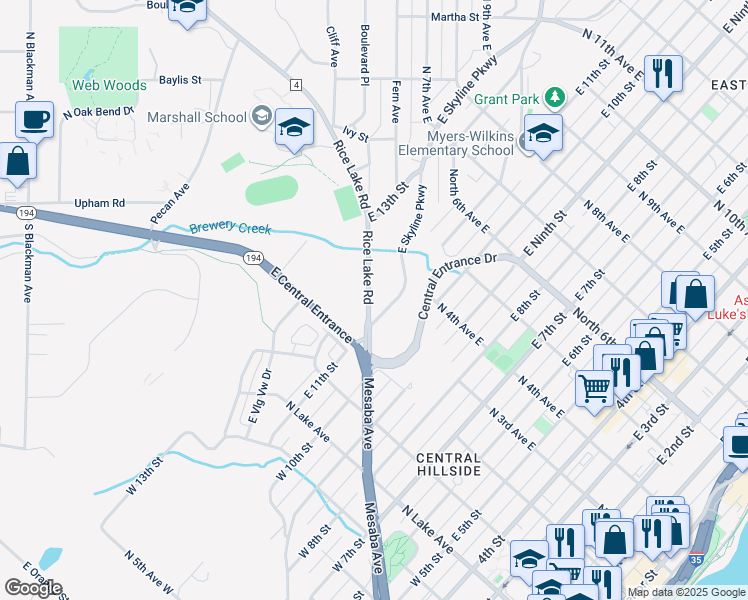 map of restaurants, bars, coffee shops, grocery stores, and more near 1126 County Highway 4 in Duluth