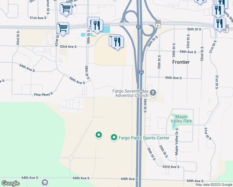 map of restaurants, bars, coffee shops, grocery stores, and more near 5605 38th Street South in Fargo