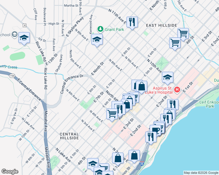 map of restaurants, bars, coffee shops, grocery stores, and more near 612 East 7th Street in Duluth