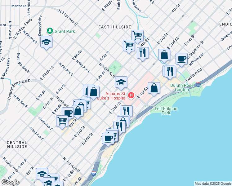 map of restaurants, bars, coffee shops, grocery stores, and more near 831 East 2nd Street in Duluth