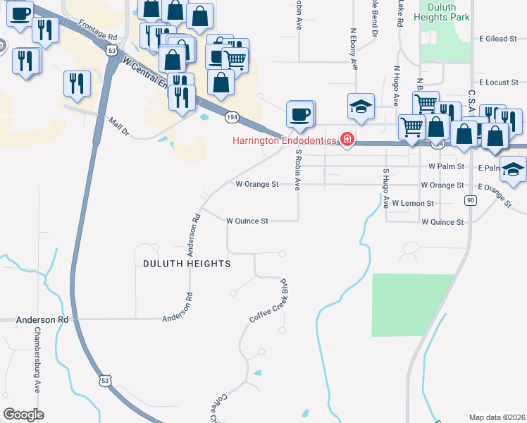 map of restaurants, bars, coffee shops, grocery stores, and more near 510 West Quince Street in Duluth