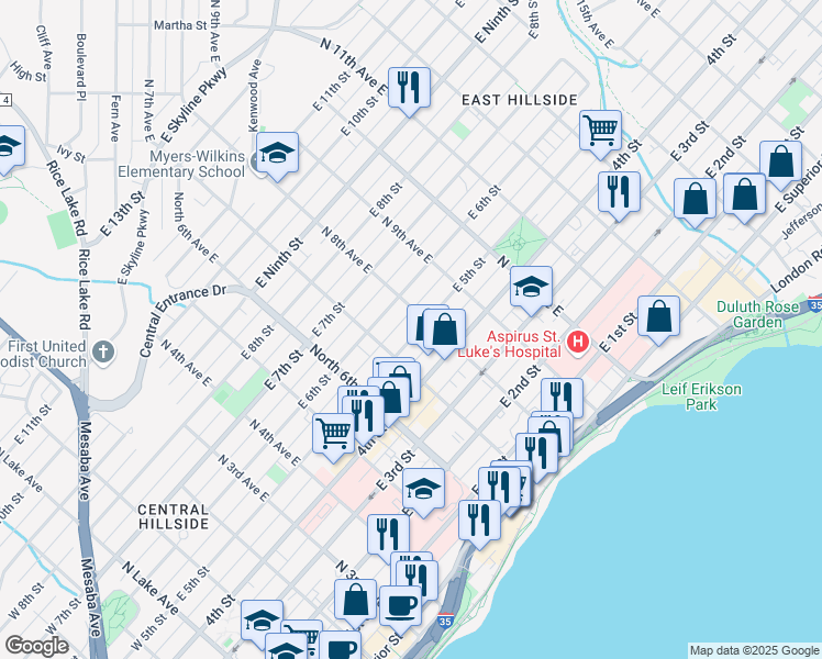 map of restaurants, bars, coffee shops, grocery stores, and more near 711 East 4th Street in Duluth