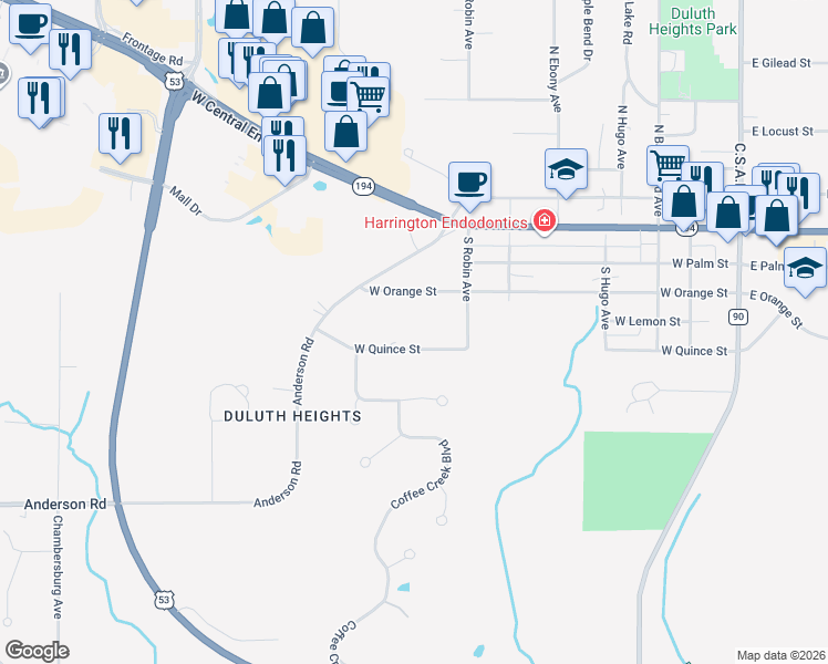 map of restaurants, bars, coffee shops, grocery stores, and more near 510 West Quince Street in Duluth