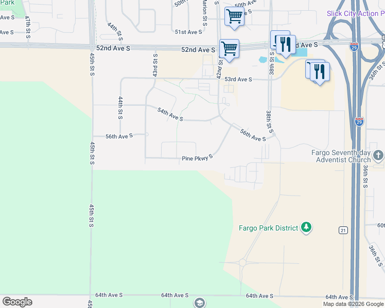 map of restaurants, bars, coffee shops, grocery stores, and more near 5776 45th Street South in Moorhead