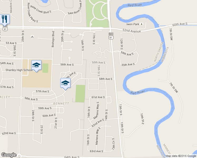 map of restaurants, bars, coffee shops, grocery stores, and more near 6411 15th Street South in Fargo