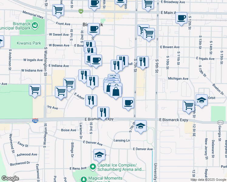 map of restaurants, bars, coffee shops, grocery stores, and more near in Bismarck