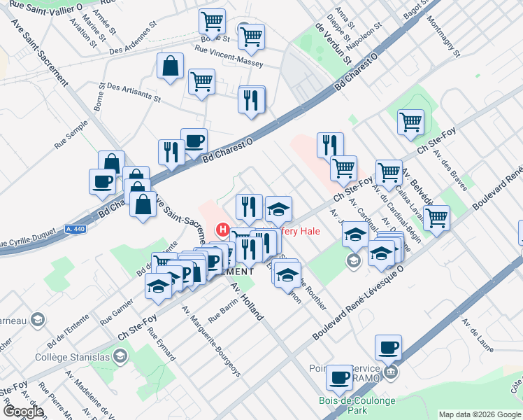 map of restaurants, bars, coffee shops, grocery stores, and more near 1195 Rue Louis-Adolphe-Robitaille in Québec