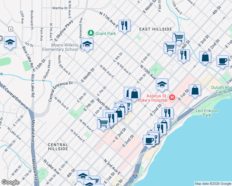 map of restaurants, bars, coffee shops, grocery stores, and more near 721 East 6th Street in Duluth