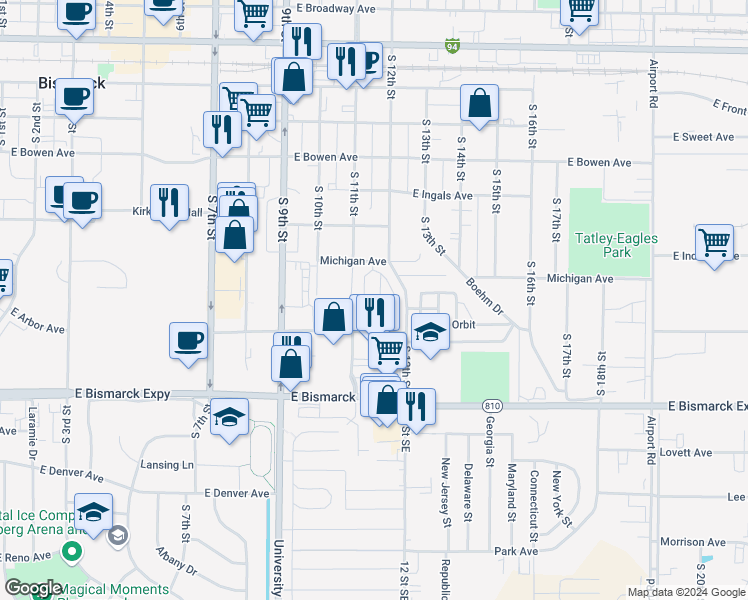 map of restaurants, bars, coffee shops, grocery stores, and more near 703 South 12th Street in Bismarck
