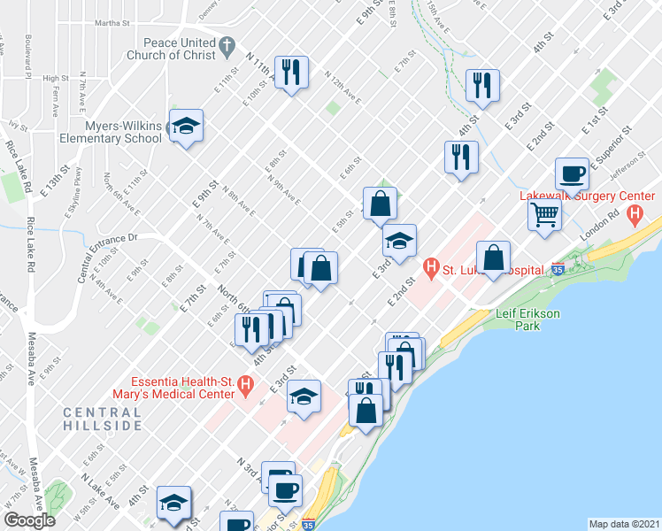 map of restaurants, bars, coffee shops, grocery stores, and more near 425 North 9th Avenue East in Duluth