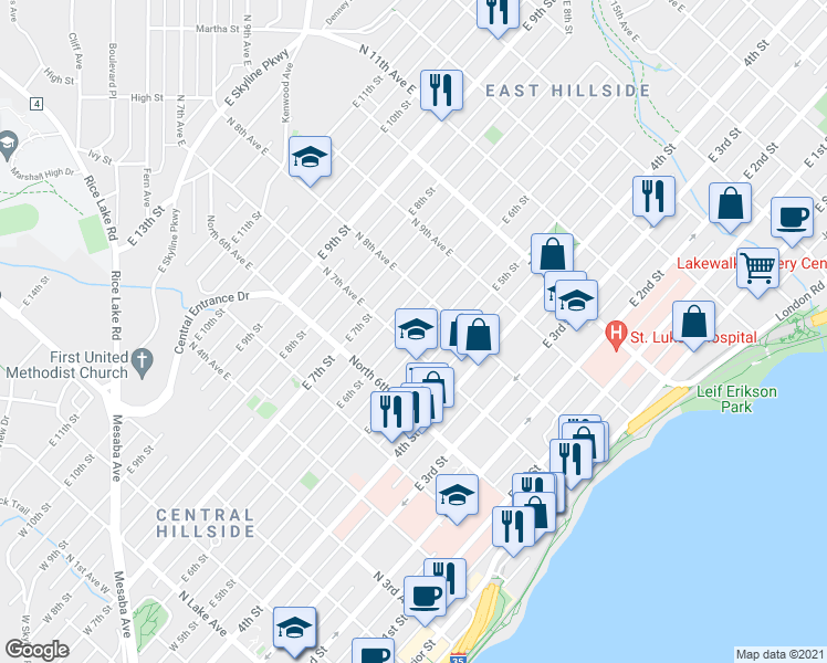 map of restaurants, bars, coffee shops, grocery stores, and more near 721 East 6th Street in Duluth