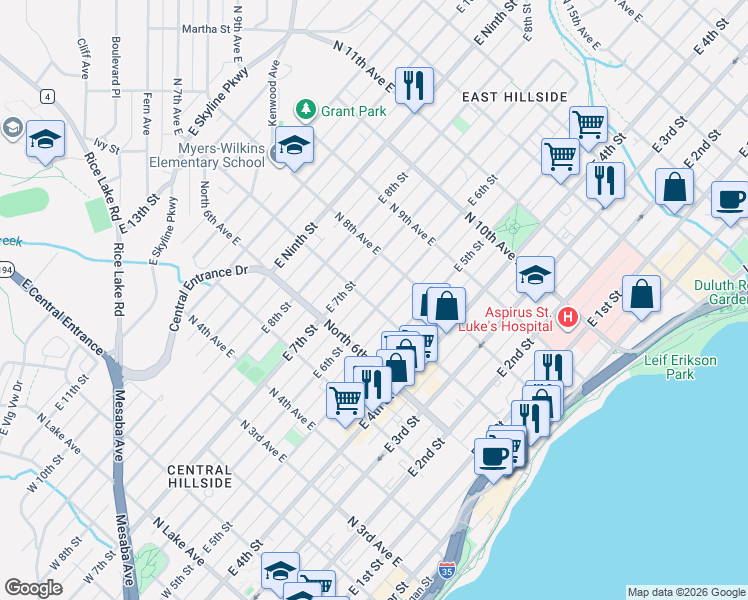 map of restaurants, bars, coffee shops, grocery stores, and more near 721 East 6th Street in Duluth