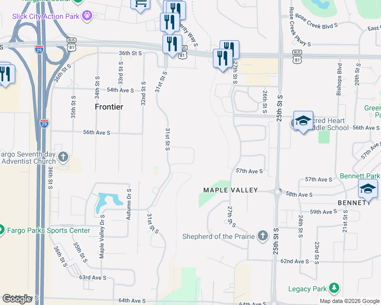 map of restaurants, bars, coffee shops, grocery stores, and more near 2960 Prairie Farms Circle South in Fargo