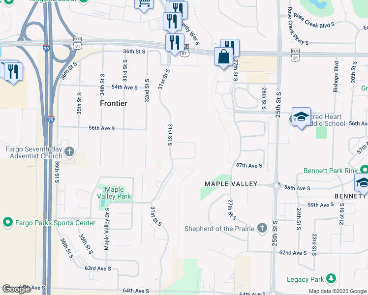 map of restaurants, bars, coffee shops, grocery stores, and more near 2960 Prairie Farms Circle South in Fargo