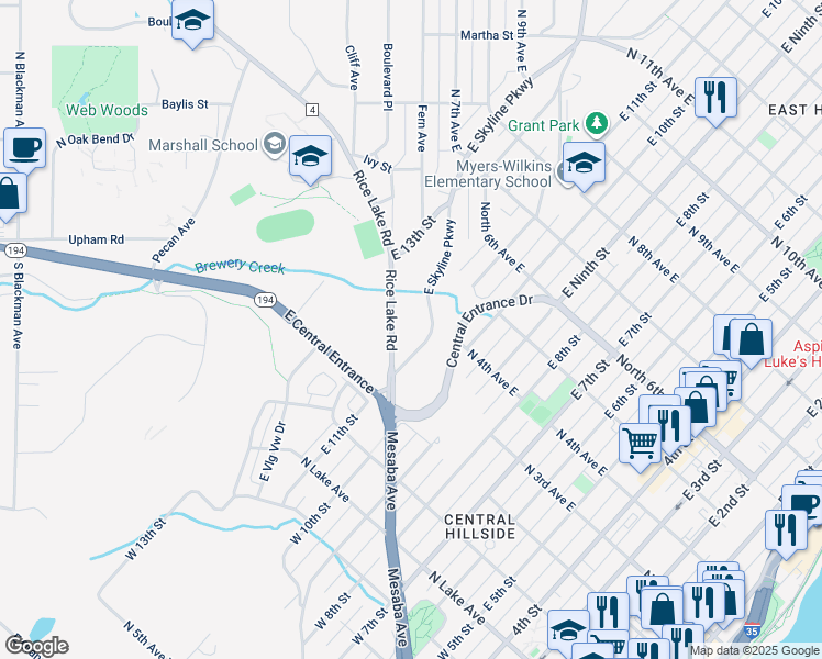 map of restaurants, bars, coffee shops, grocery stores, and more near 1126 County Highway 4 in Duluth
