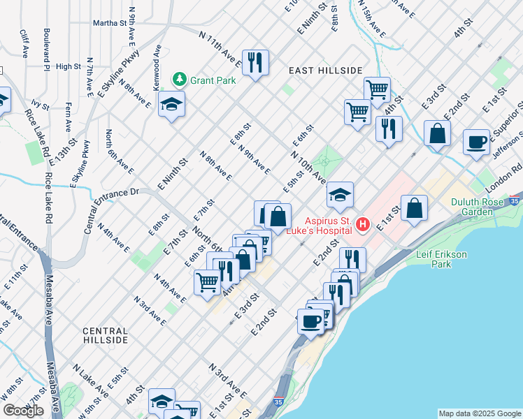 map of restaurants, bars, coffee shops, grocery stores, and more near 514 North 8th Avenue East in Duluth