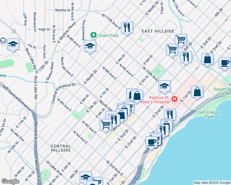 map of restaurants, bars, coffee shops, grocery stores, and more near 721 East 6th Street in Duluth
